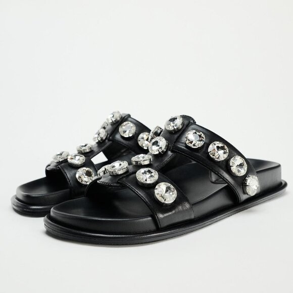 BLOGGER'S FAVE! Zara Faux Leather Gem Sandals Black NWT - Picture 7 of 13